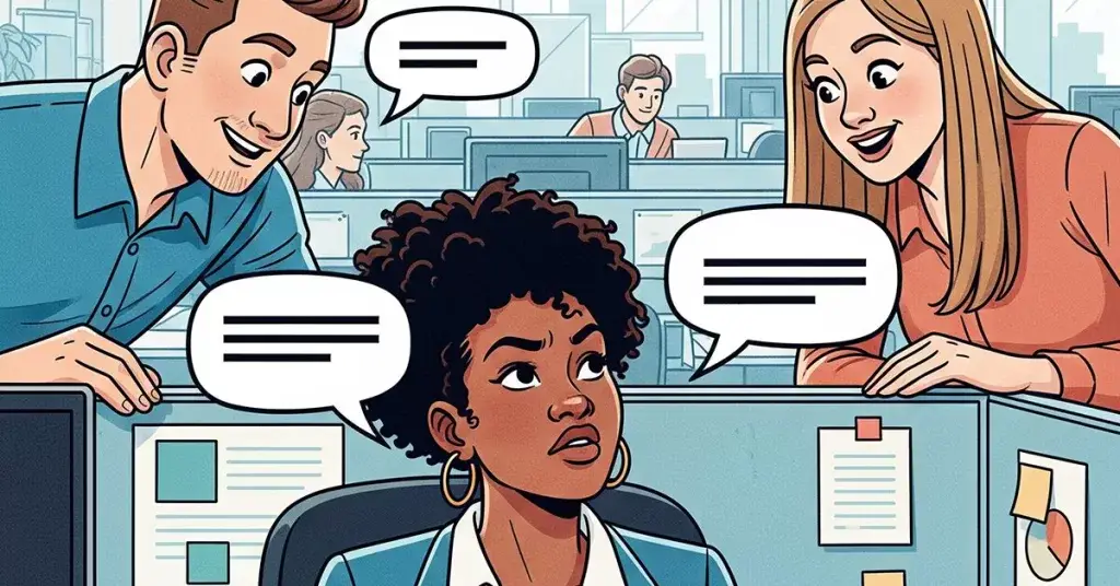 Ilustração de jovem preta em espaço de trabalho sendo interrompida por colegas brancos